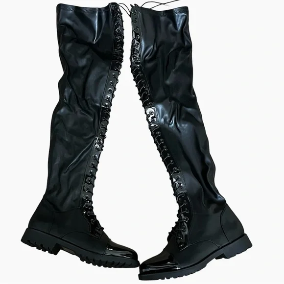 Azalea Wang thigh high Black stretch Faux Patent Lace Up Over Knee combat Boots - Picture 6 of 14